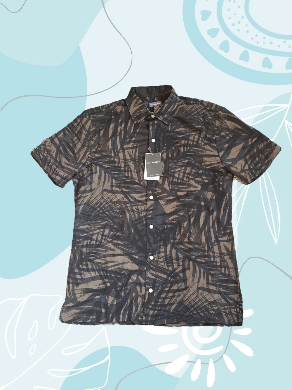 Short Sleeve Palm-Print Button-Up Shirt - Black/Tan